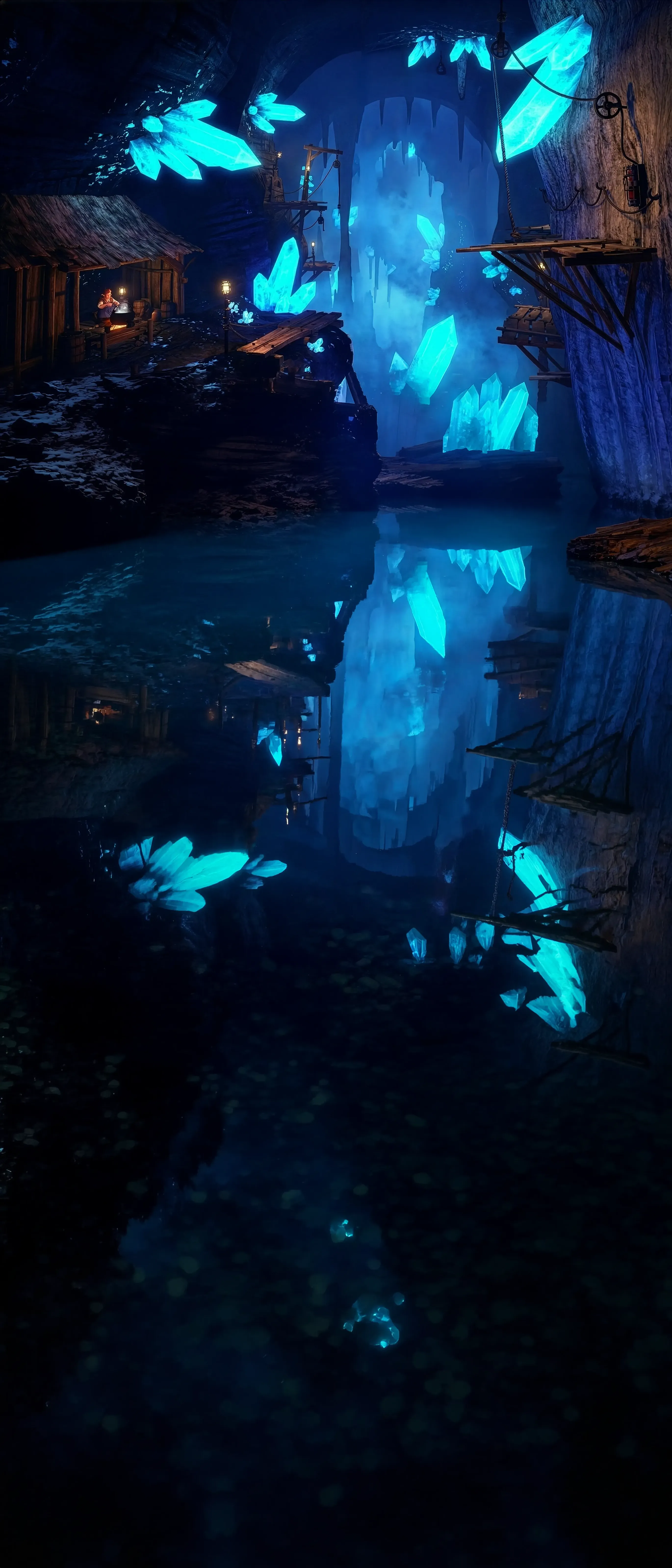 A vast blue crystal cavern, lit by glowing crystals and hanging lanterns